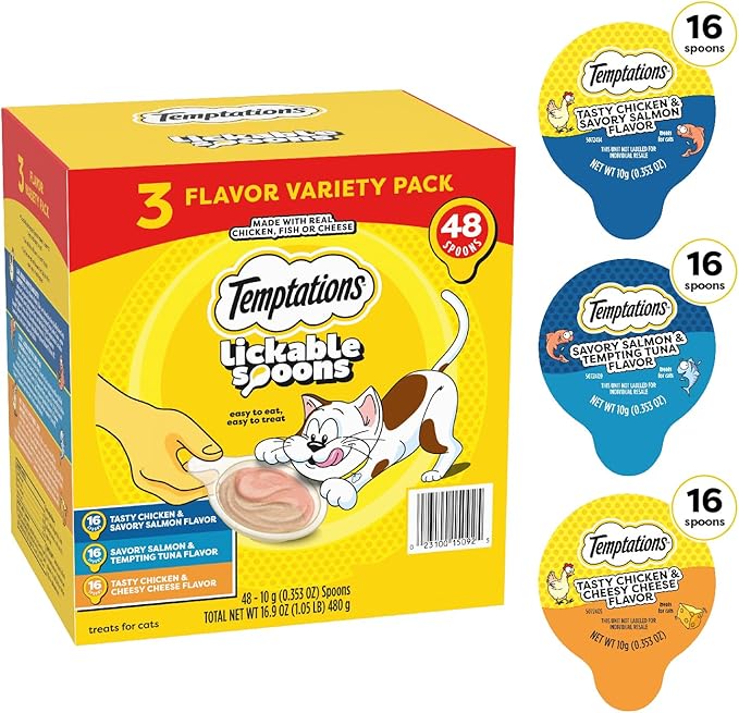Temptations Lickable Spoons, Soft Lickable Cat Treats, Adult Wet Cat Treats, Variety Pack, 48 Spoons
