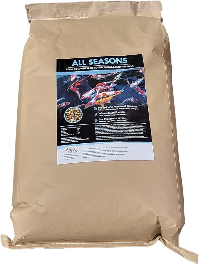 HALF OFF PONDS All Seasons Koi Fish Food - 30 lb Floating Pellets, 5mm Size - Goldfish Food for Ponds - 28% Protein with Wheat Germ & Vitamins - Ideal for Year-Round Feeding & Water Clarity