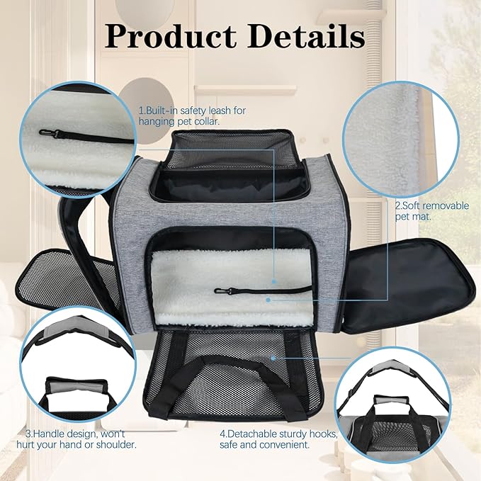 Top tasta Dog Cat Carrier Pet Carriers for Large Cats Small Dogs Carrier Soft Sided Puppy up to 25Lbs Dog Carrier Portable Foldable Dog Cat Travel Carrier (Large-Grey& Black -20 * 13 * 13)
