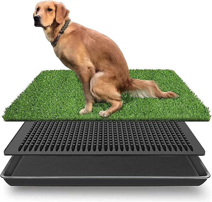 LOMANTOWN Dog Grass Pad with Tray Indoor Outdoor Pet Training Grass with Tray Washable Pee Pads, 3 Layered System Dog Litter Box for Puppy Training (30 x 20 in)