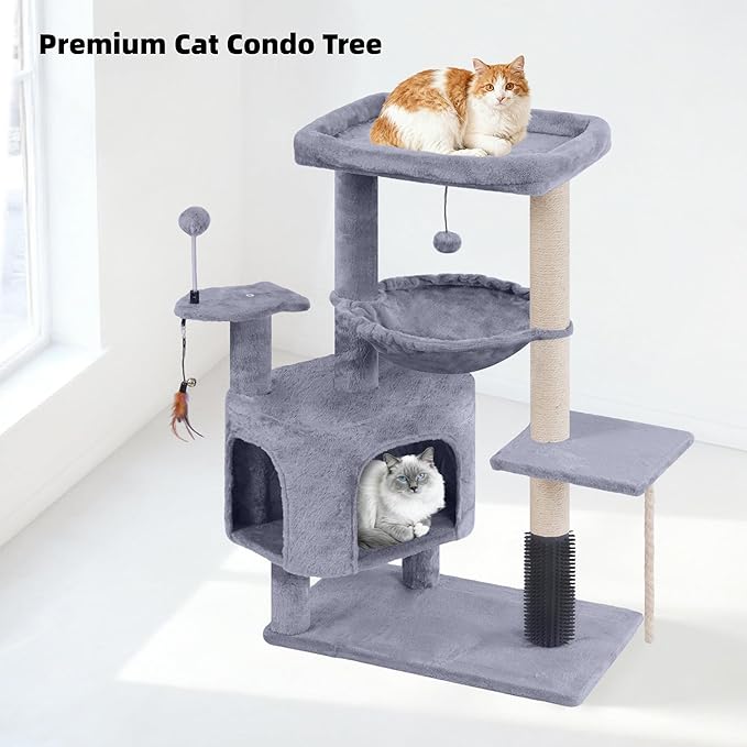 Cat Tree with Cat Condo and Hammock for Indoor Cats, Cat Tree with Self-Grooming Brush and Toy Balls,Cat Tower with Scratching Posts,Grey