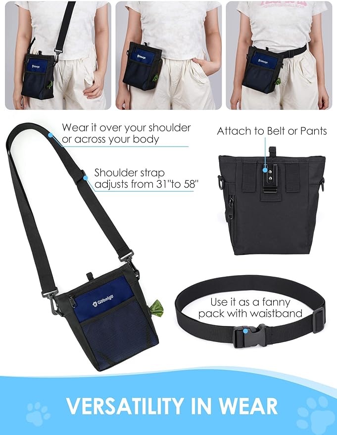 Gobeigo Dog Treat Pouch with Silicone Snack Bag, Front Pocket fits All Phones, 4 Cup Treat Bag with Training Clicker, Upgrade Stronger Magnetic Closure, 3 Ways to Wear Walking Fanny Pack (Navy Blue)