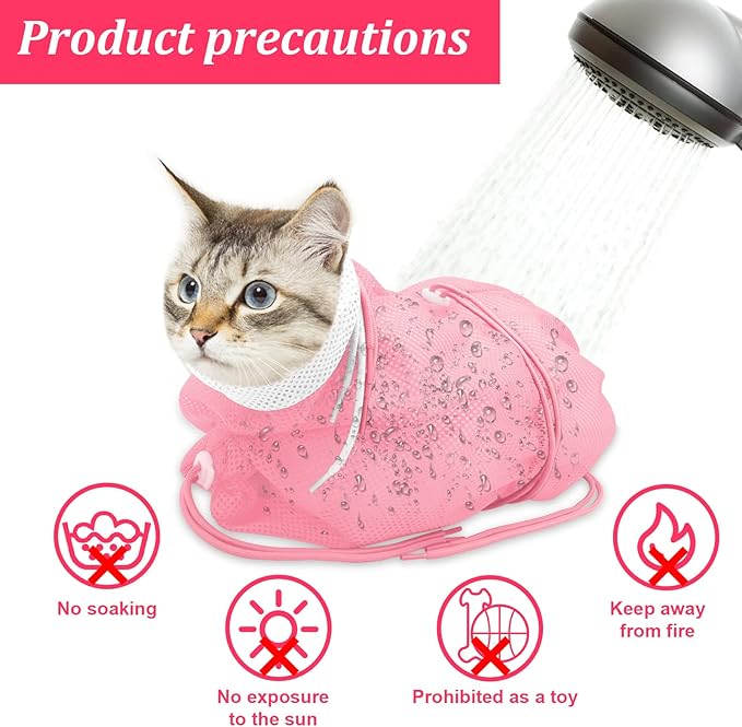 Cat Bathing Bag, Breathable Mesh Cat Shower Bag Anti Scratch Adjustable Cat Grooming Bag for Nail Trimming Polyester Soft Washing Bag