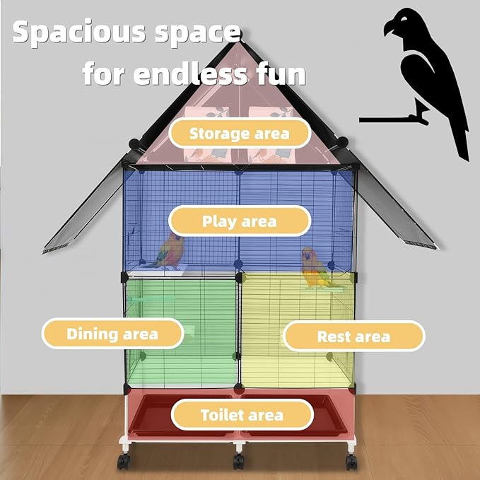 50 Inch 2-Tier Big Bird Cage with Food & Water Bowls Parakeet Bird Cage with Stand, Wheels Metal Birdcage Parrot Cage for Parakeet, Lovebirds, Ringneck, Cockatiels (Black, 2-Tier)
