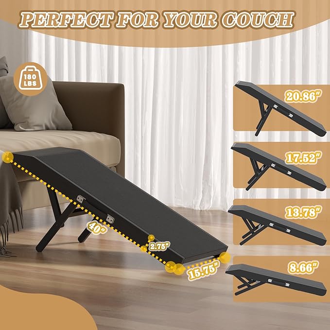 Dog Ramp for Couch - 4-Level Adjustable (8.6"-20.9") & Wider Foldable Pet Ramp for Small Dogs, Non-Slip EVA Mat with Glow Strips, Solid Birchwood Supports 200Lbs