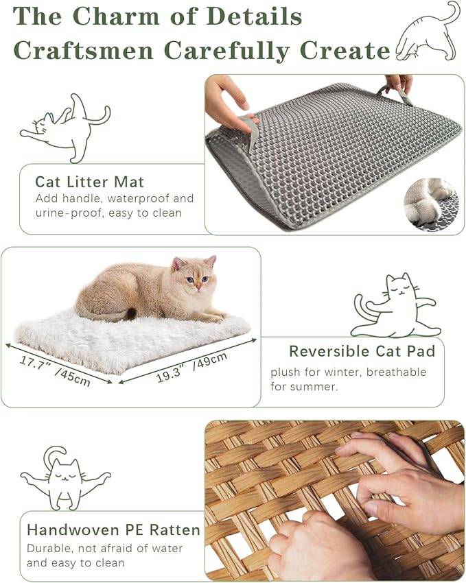 Cat Litter Box Enclosure Furniture with One Cat Bed Pad, Hidden Litter Box Handwoven Rattan Cat House with Two S-Shaped Hooks for Living Room, Bedroom, 18.5 x 20.5 x 19.1 Inch,Natural