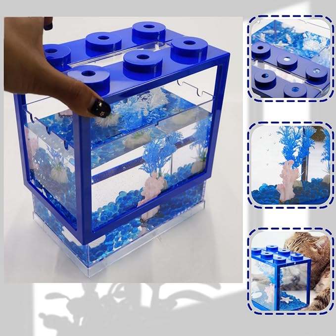 Small Betta Fish Tank, Mini Fish Tank Aquarium Tank Kit with Blue Gravel & Resin Decorations, 0.6 Gallon Stackable Fish Bowl Tiny Desktop Aquarium for Sea Monkey Shrimp (Blue)
