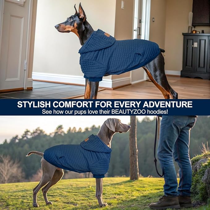 BEAUTYZOO Medium Dog Hoodie Sweater with Pockets, Dog Clothes for Small Medium Dogs Boy Girl, Waffle-Like Laminated Cotton Pet Coats with Hat and Leash Hole, Navy Blue XL