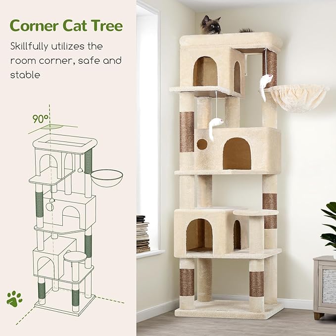 Globlazer Corner Cat Tree 66 inch Multi-Level Climbing Tower Kitty Condos Cat Scratching Tower for Indoor Multiple Cats with Large Platform, 3 Cat Caves, F66, Beige
