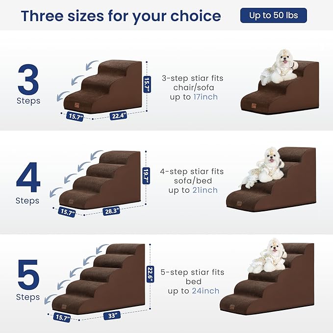 gogobunny Ramp Cat Dog Stairs for Beds, Cat Slope Stairs with Durable Waterproof Fabric Cover, Pet Steps for Old Large Dogs Climbing (Brown, 5-Step (33" D x 15.7" W x 22.6" H), 5.0)