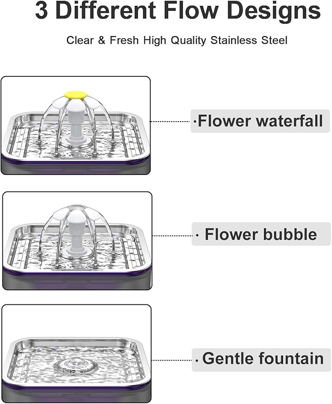 Crystal Cat Water Fountain Stainless Steel, 101oz/3L Pet Fountain with LED Light for Cats and Dogs (Grey)