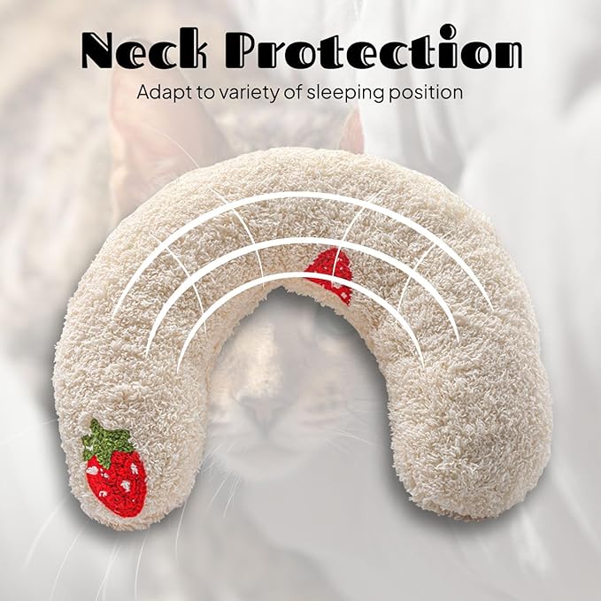 U-Shaped Calming Pillow for Cats and Dogs - Super Soft Plush Fabric, Cozy Headrest, Neck Support for Deep Sleep, Kitten Headrest, Pet Bed (White + Yellow)