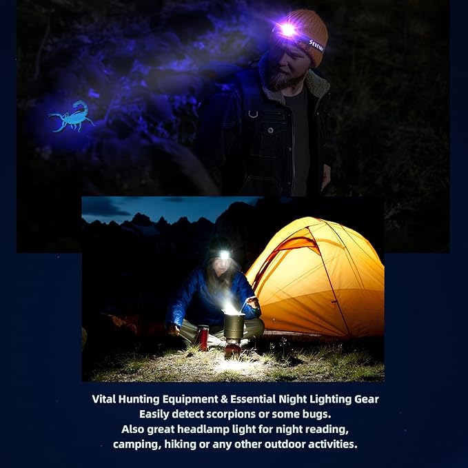 SEVENKA 2in1 UV Headlamp Flashlight Black Light & White Light, Rechargeable LED Hands Free Blacklight 395nm, Mini Ultraviolet Head Lamp, Pet Urine Detector for Dog/Cat Urine Stains, Bed Bug, Scorpion