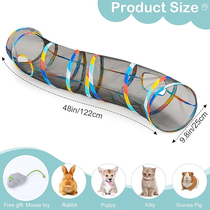 Glittme 48" Mesh Cat Tunnel for Indoor Cats Breathable Pet Play Tunnel with Bonus Mouse Teaser Collapsible Kitten Tube Rainbow Trim 9.8" Dia See-Through Hiding Spot for Large Cats & Rabbits