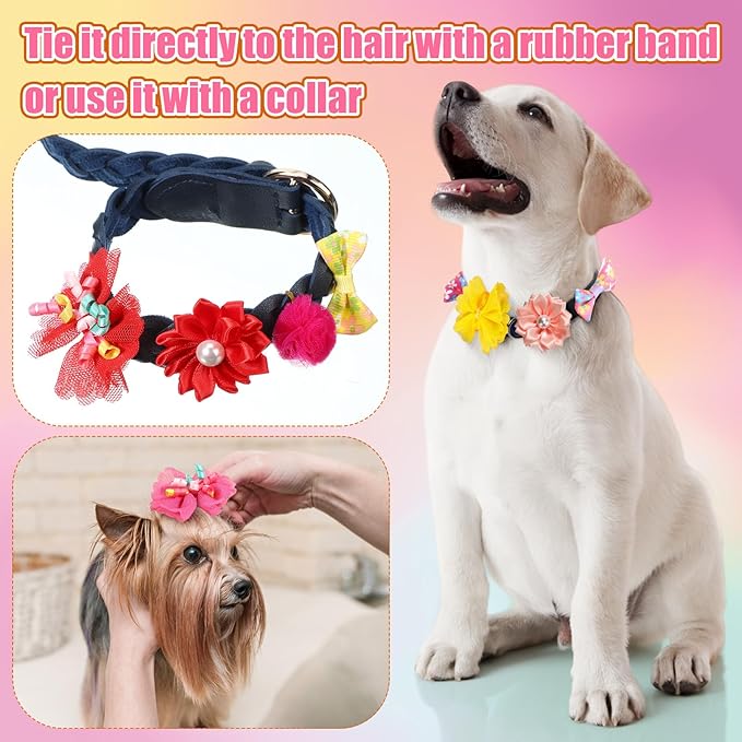100 Pcs Assorted Dog Hair Bows for Small Size Dog Pet Bows with Rubber Band Bulk for Puppy Yorkie Hair Accessories