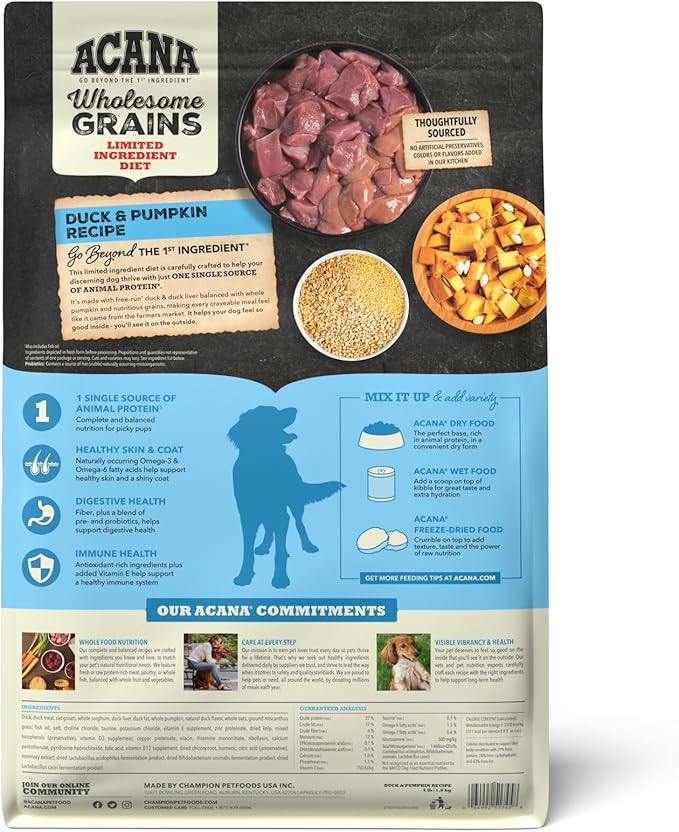 ACANA Wholesome Grains Dry Dog Food Limited Ingredient Duck & Pumpkin Recipe 4lb Bag