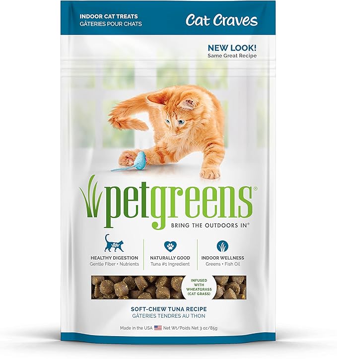 Pet Greens Soft-Chew Indoor Cat Treats Infused with 4 Pack of Semi-Moist Craves Savory Salmon, Deep Sea Tuna, Roasted Chicken and Turkey and Duck Flavored Treats