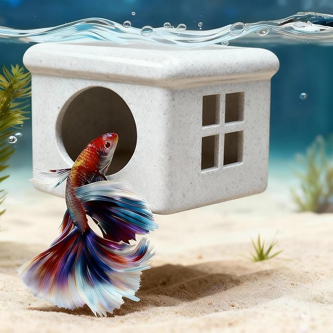 Marble Gray Floating Betta Fish Hideout with Window – 3D Aquarium Shelter & Feeding Platform – Betta Resting Cave for Fish Tank Decor (3.67"x2.87"x2.16")
