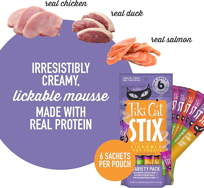 Tiki Cat Stix Wet Treats, Grain Free Lickable Smooth Mousse Blend in Creamy Gravy, Variety Pack 6 Stix 1 Pouch