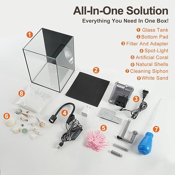DIY Aquarium Masterpiece Kit - Create Your Own Unique Ocean Aquascape with Natural Shells, Vibrant Corals, RGB Color Lights, Filter, Pump and 1.2Gal Cube Rimless Tank