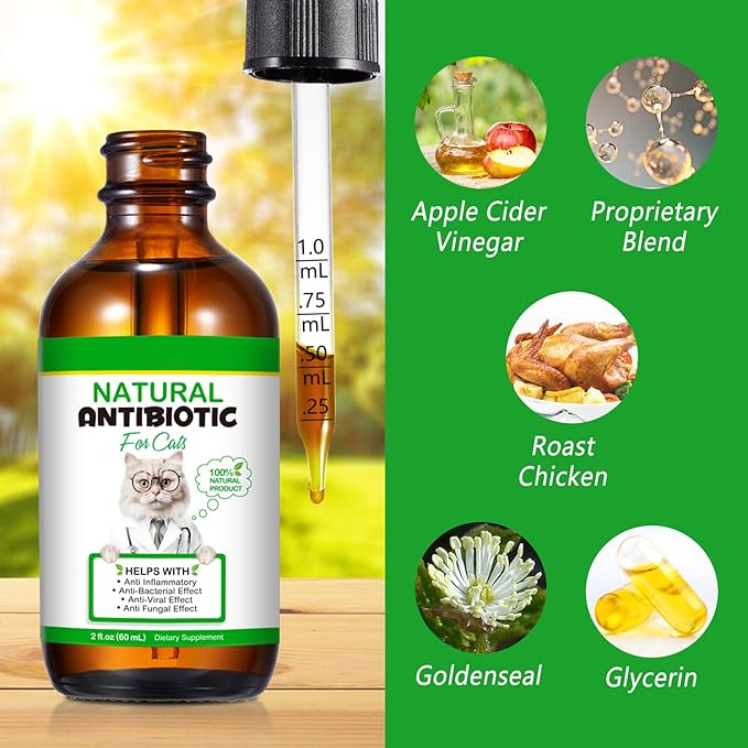 Natural Antibiotic Liquid Drops for Cats - Supports Immune System, Allergy & UTI Relief with Fast Absorption & Digestive Aid - Chicken Flavor for All Ages & Breeds, 2 fl oz (60ml)