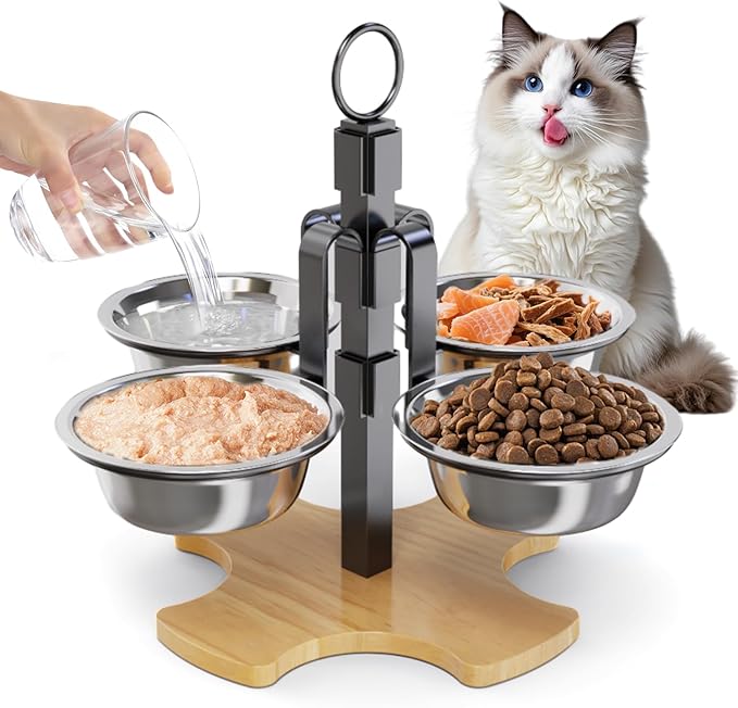 Elevated Cat Food Bowls, 3 Adjustable Heights Raised Cats Bowl for Indoor Cats Small Dogs with 4 Stainless Steel Bowls, Pet Food and Water Bowl