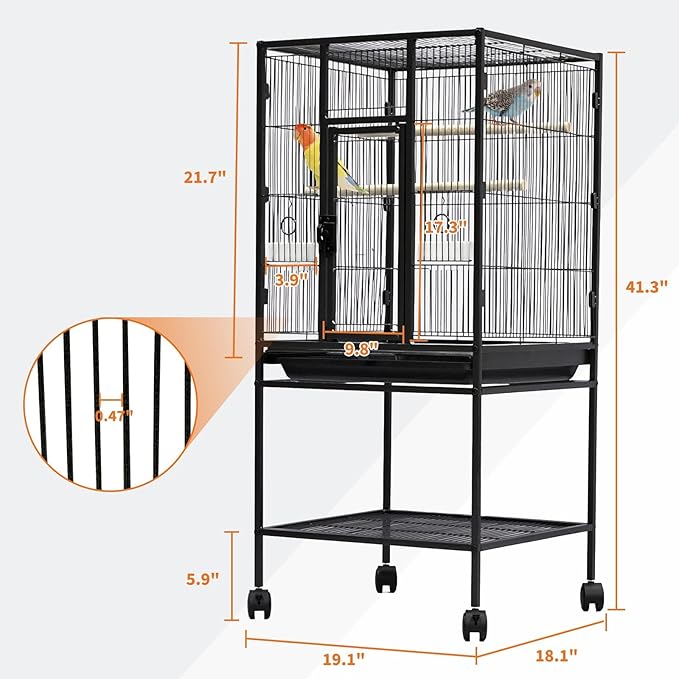 Spacious Metal Bird Cage with Rolling Stand and Storage – Large Flight Cage for Parakeets, Parrots, Cockatiels, Conures – Includes Feed Bowls, Play Top – Durable Pet Aviary – 40.5"/61" Tall