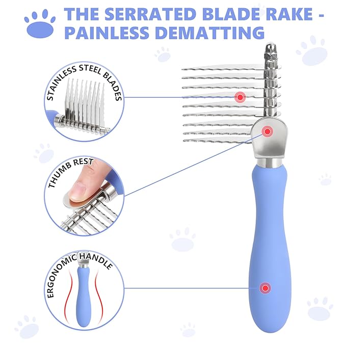Dematting Comb for Doodles & Poodles, Dual-Sided Comb Tool for Long Curly Haired Dogs, Grooming Brush Kit for Removing Mats and Tangles, Stainless Steel, Beech Wood