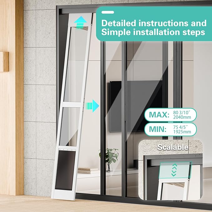 Doggy Door for Sliding Glass Door, Adjustable Height 75 4/5" to 80 3/10" Sliding Door Dog Door Insert, Suitable for Small Doggies Up to 25 lbs, Medium, White