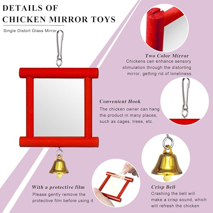 Sumind 2 Pieces Chicken Mirror Toys Hanging Swing Mirror with Bell Wooden Pecking Toy and 4 Pieces Beak Grinding Molar Stones for Hens Birds Parrots (Red,Blue)