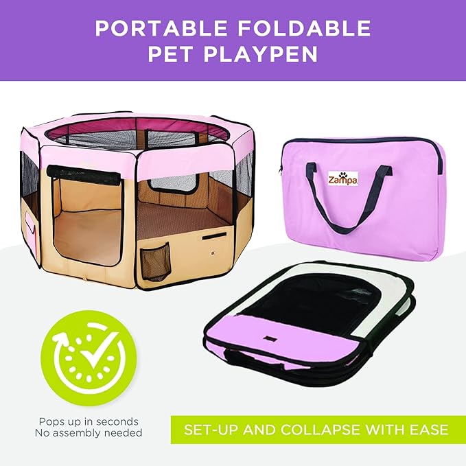 Zampa Puppy Pop Up Portable Playpen for Dog and Cat, Foldable | Indoor/Outdoor Kitten Pen & Travel Pet Carrier + Carrying Case (Pink, Extra Large (80"x80"x36"))