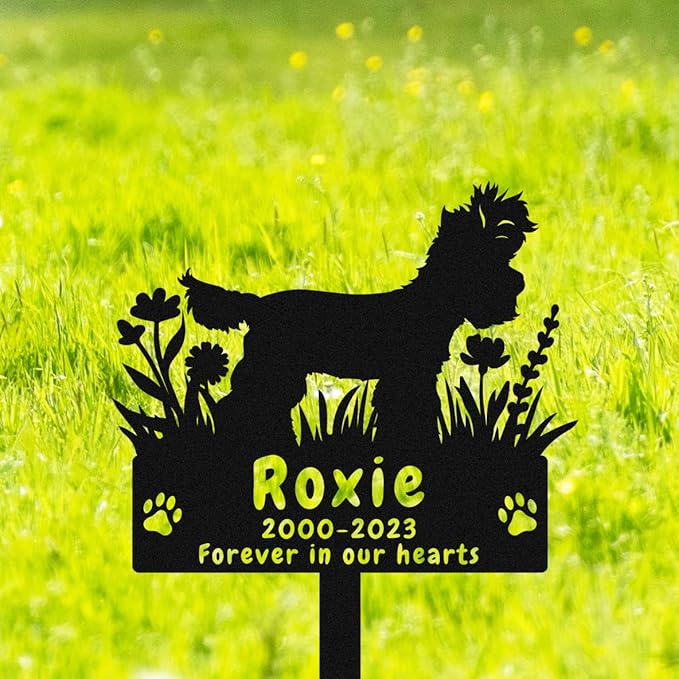 Custom Yorkshire Terrier Dog Memorial Grave Marker Stake, Personalized Yorkshire Terrier Memorial Stake Grave Marker, Metal Flowers Yorkshire Terrier Memorial Yard Garden Stake Sign