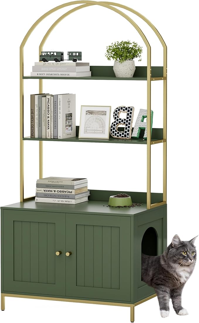 Homhedy Cat Litter Box Enclosure, Litter Box Furniture Hidden with 2-Tier Storage Shelves, Wooden Cat Washroom Furniture with Metal Frame, Modern Style, Green and Gold