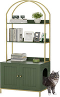 Homhedy Cat Litter Box Enclosure, Litter Box Furniture Hidden with 2-Tier Storage Shelves, Wooden Cat Washroom Furniture with Metal Frame, Modern Style, Green and Gold