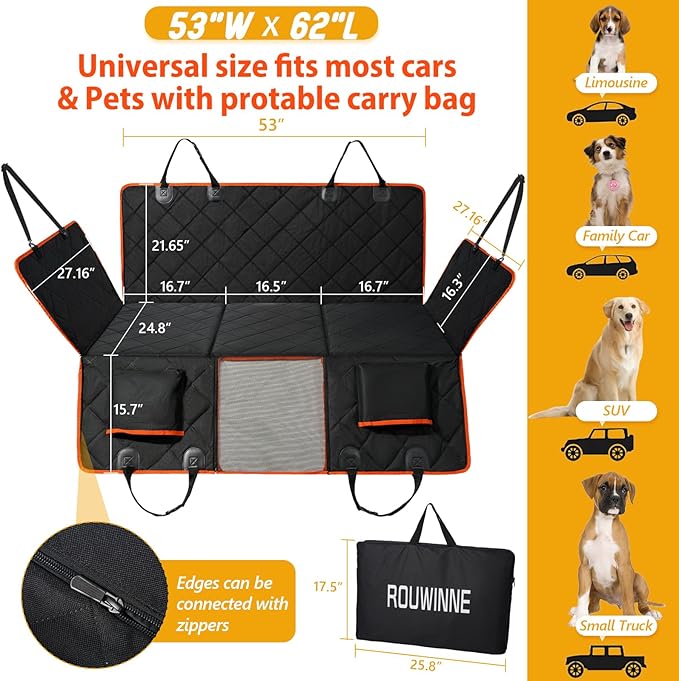 Back Seat Extender for Dogs - Holds 420lb, Hard Bottom Dog Bed Back Seat Cover, Pet Car Seat Cover Backseat Extender,Upgraded Material Waterproof Dog Hammock for Car，SUV, Truck, Black/Orange