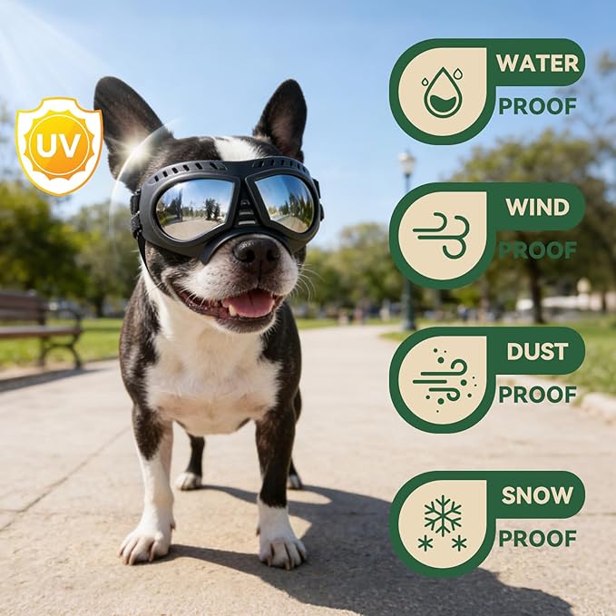 PETLESO Dog Goggles for Small to Medium Breeds, Small Dog Sunglasses UV Protection Windproof Snowproof, Outdoor Driving/Riding/Hiking Eyes Wear, Soft Frame Adjustable Straps, Silver Lens
