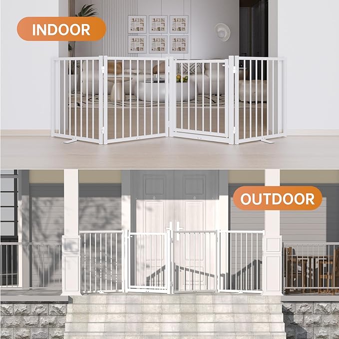 Full Metal Freestanding Gate with Door, 24'' Height Foldable Pet Dog Fence for Indoor & Outdoor, 2 Panels Extra Wide Free Standing Small Dog Gates for Doorways,House,Stairs,Porch,Deck,Yard