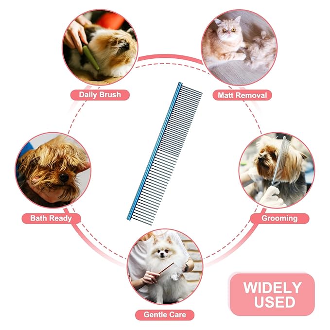Dog Cat Comb, Pet Combs Stainless Steel Teeth with Rounded Ends for Knots Mats Loose Hair Removal, 6.5/7.5IN (Blue Plated, 2 Pack), Grooming Tool Intended for Long Curly Hair Pet