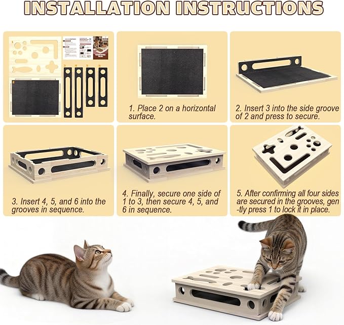 Cat Scratch Puzzle Enrichment Box, Solid Wood Construction Cat Nail File Enrichment Box with Sandpaper Inside, Cat Nail File Box Stress Free Alternative to Clippers and Grinders(No Bell Ball)