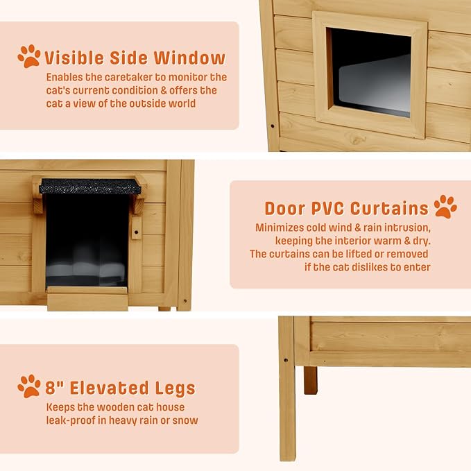 BRIOPAWS Feral-Outdoor-Cat-House-Insulated | Outside-Cat-Shelter for Winter | Weatherproof | Large Wooden Pet House for Multiple Cats | Foldable Ladder | Acrylic Side Window | Brown