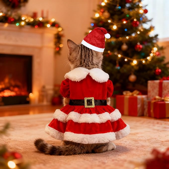 Cat Christmas Outfit Cat Christmas Dress with Santa Hat Costume Holiday Outfit Clothes for Cats Kittens Puppy (Small)