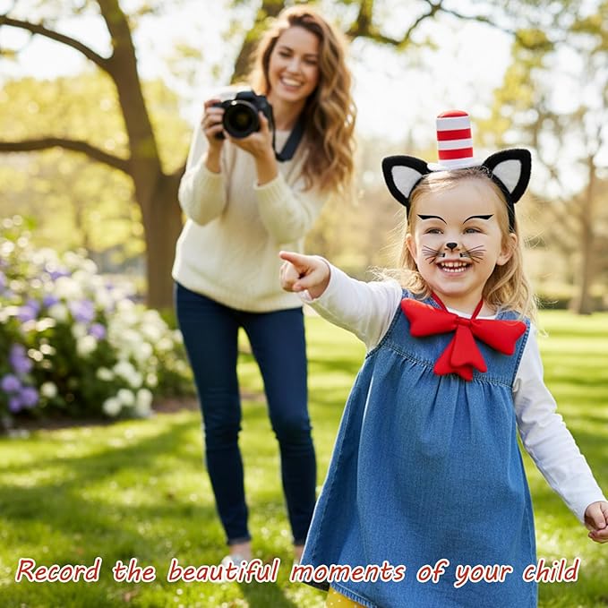 Cat Ears Headband and Bow Tie Set, Red and White Hat Cat Ears Hairband, Cat Hat Costume Accessories for Cosplay, Halloween, Theme Party, Includes Headband, Gloves, Bow Tie, Face Stickers