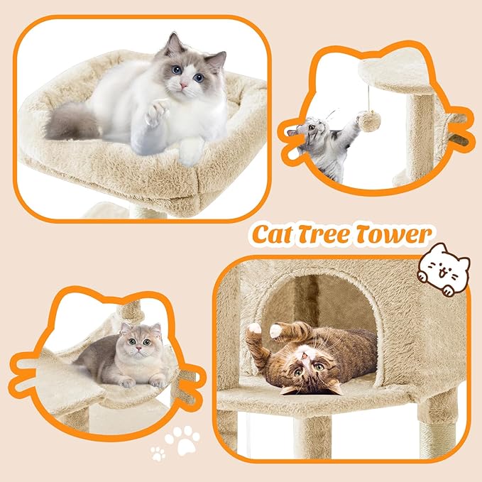DUMOS Small 44 Inch Cat Tree Tower, Cat Climbing Tower with Natural Sisal Scratching Posts, Hammock, Pet Condo for Indoor Cats and Kittens Play, Beige