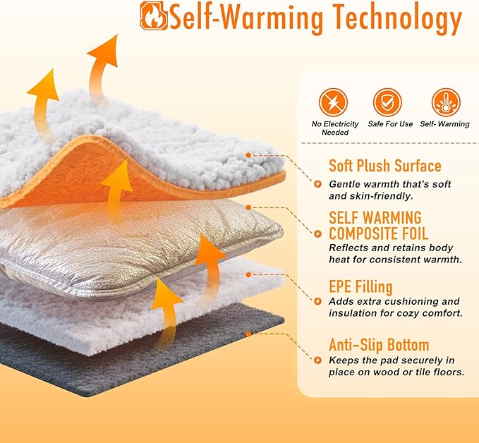Self Warming Pet Bed for Cats & Dogs, Heated Pet Mat, 2.0 Upgraded Thermal Foil Heating Pad, Plush Self-Heating Bed for Crate, Floor, with Removable Washable Cover, Non-Slip, Gray, 22"x34"