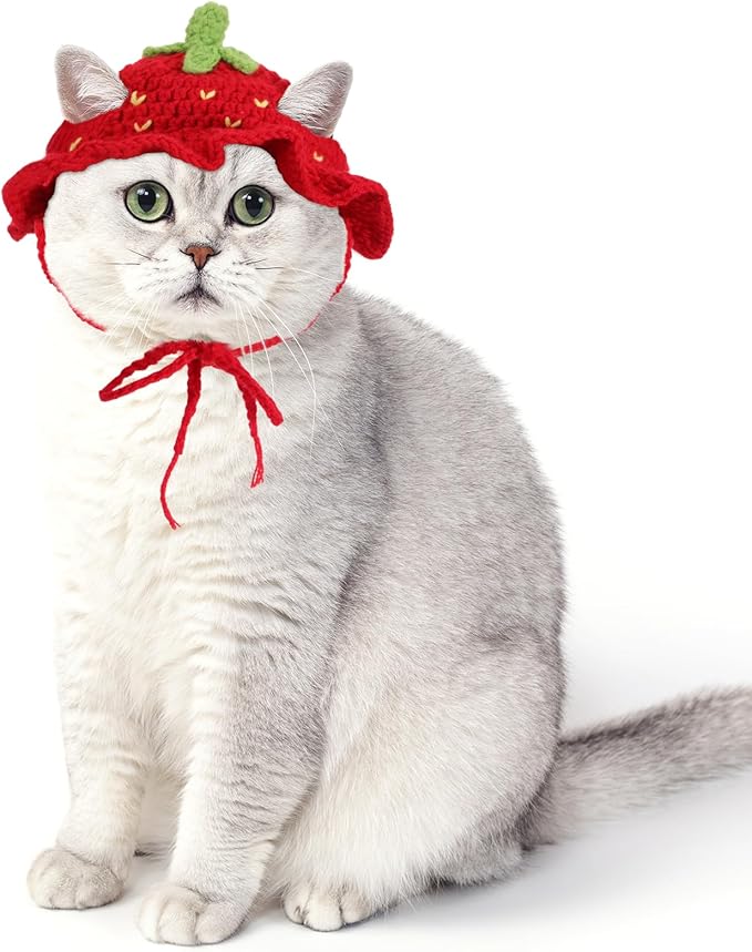 Strawberry Cat Hat, Cotton & Soft Cute Knitted Hats for Cats Strawberry Crochet Cat Hats for Cats Only Cute Puppy Hat for Small Pets on Christmas Birthday Party Halloween (Red, S)