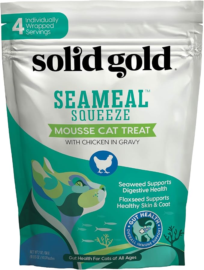 Solid Gold SeaMeal Squeeze Chicken Lickable Cat Treats with Seaweed for Skin & Coat - Wet Cat Treats with Digestive & Immune Health Support - Natural, Holistic, Grain Free (48 Squeezes)