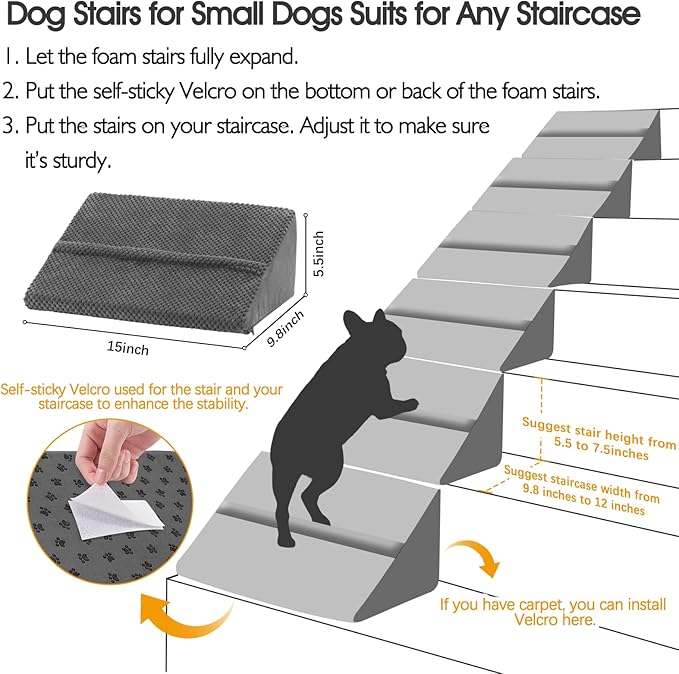 40D Density Foam Dog Ramp with Anti-Slip Bump for Stairs Suits for Small Dogs Cats, Pet Ramp Steps Stairs for Staircase Indoor with Self-Sticky Pads to Fix(6Pack, Gray)