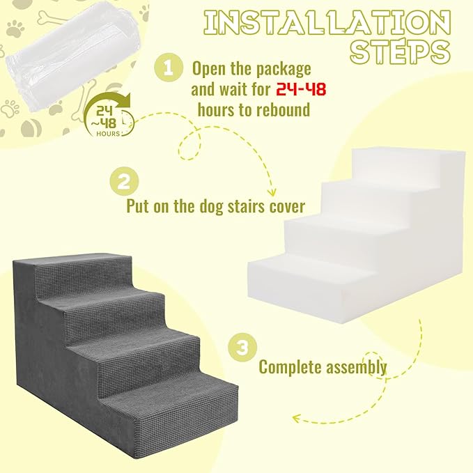 Niubya Dog Stairs for Small Dogs and Cats,18'H Non-Slip Bottom Pet Steps for High Beds and Couch,Extra Wide High-Density Foam Pet Stairs Grey,4 Steps