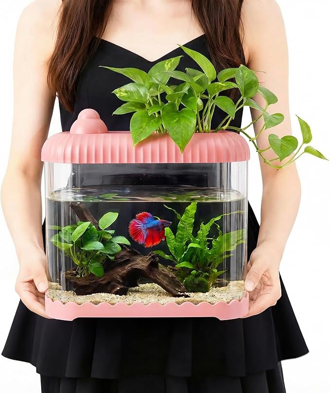 Geelin Pink 2.5 Gallon Plastic Aquaponic Betta Fish Tank Large Bowl Shatterproof Small Ecosystem Aquarium with Secure Buckle Lid, Clear Clarity for Terrarium, Flower Vase Betta Fish Tabletop Gifts