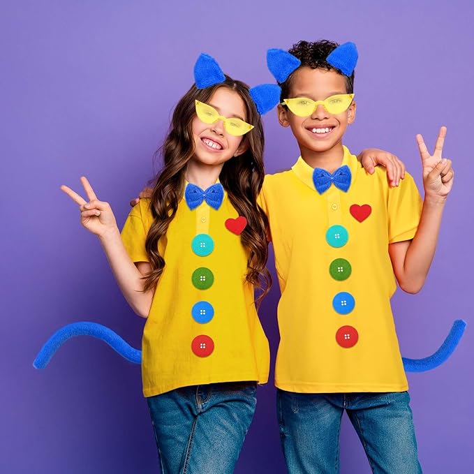 Blue Cat Costume Set Including Cat Ears Headband Yellow T-shirt Glasses for World Book Day Cosplay Party Supplies